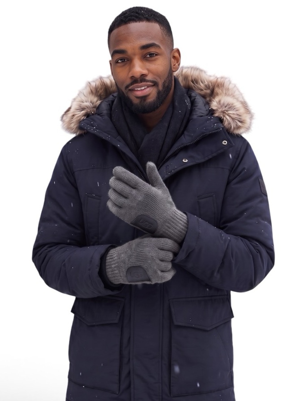 UGG Men’s Heathered Gray Knit Touchscreen Gloves Leather Logo Patch NWT One Size
